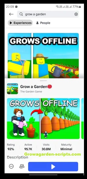 Grow a Garden game home screen in Roblox app